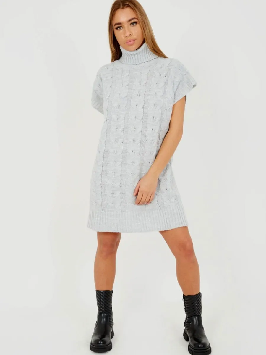 Annya Oversized Roll Neck Cable Knit Dress In Grey