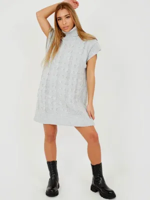 Annya Oversized Roll Neck Cable Knit Dress In Grey