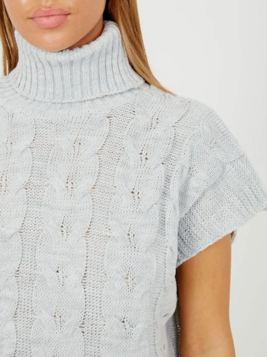 Annya Oversized Roll Neck Cable Knit Dress In Grey