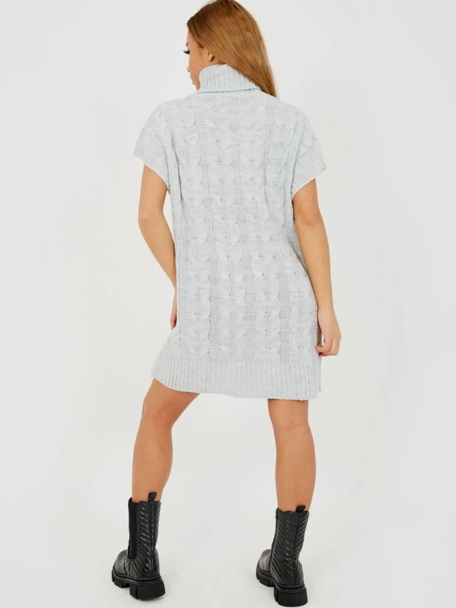 Annya Oversized Roll Neck Cable Knit Dress In Grey