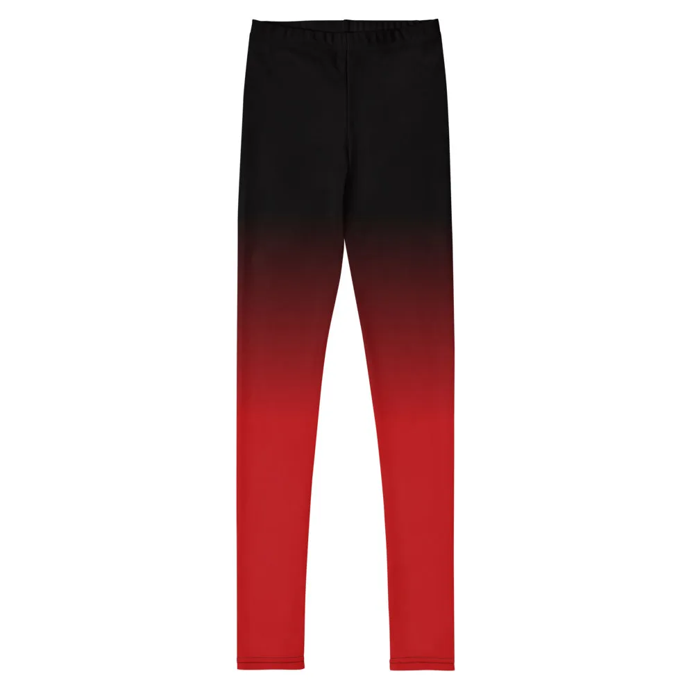 Black and Red Ombre Youth Leggings (8-20), Gradient Tie Dye Women Girls Teens Tweens Workout Pants Printed Tights