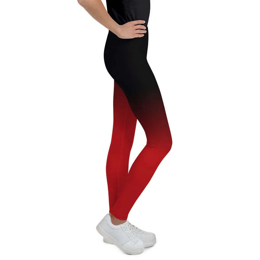 Black and Red Ombre Youth Leggings (8-20), Gradient Tie Dye Women Girls Teens Tweens Workout Pants Printed Tights