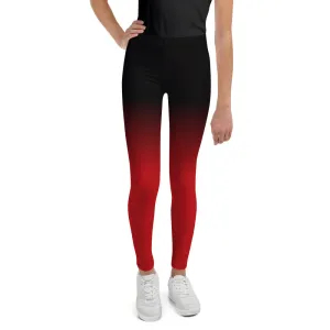 Black and Red Ombre Youth Leggings (8-20), Gradient Tie Dye Women Girls Teens Tweens Workout Pants Printed Tights
