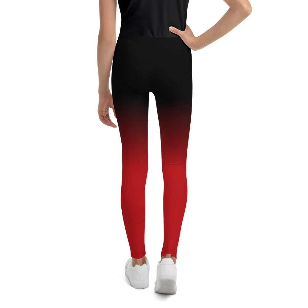 Black and Red Ombre Youth Leggings (8-20), Gradient Tie Dye Women Girls Teens Tweens Workout Pants Printed Tights