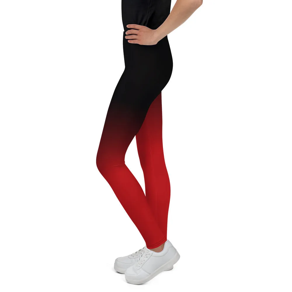Black and Red Ombre Youth Leggings (8-20), Gradient Tie Dye Women Girls Teens Tweens Workout Pants Printed Tights