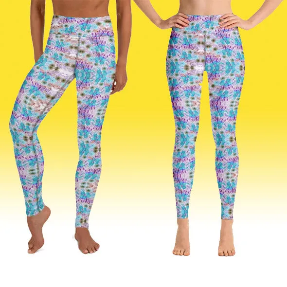 Blue Floral Yoga Leggings, Feminine Girlie Flower Print Women's Long Yoga Pants-Made in USA/EU/MX