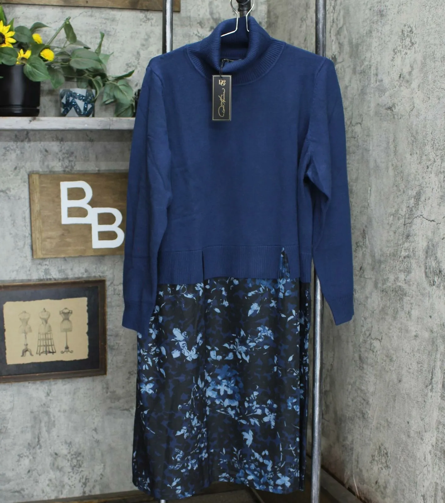 DG2 by Diane Gilman Plus Size Floral Twofer Turtleneck Sweater Dress