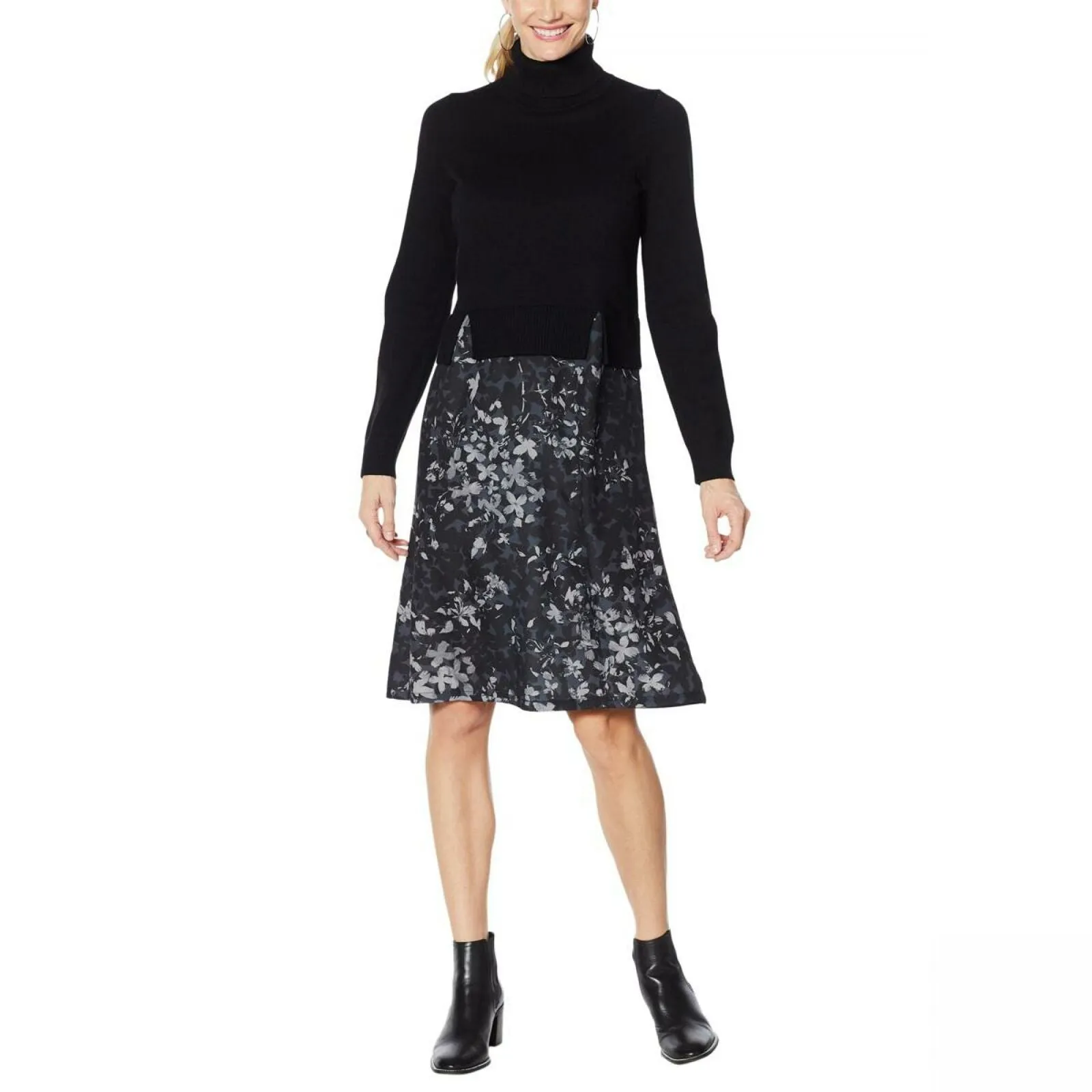 DG2 by Diane Gilman Plus Size Floral Twofer Turtleneck Sweater Dress