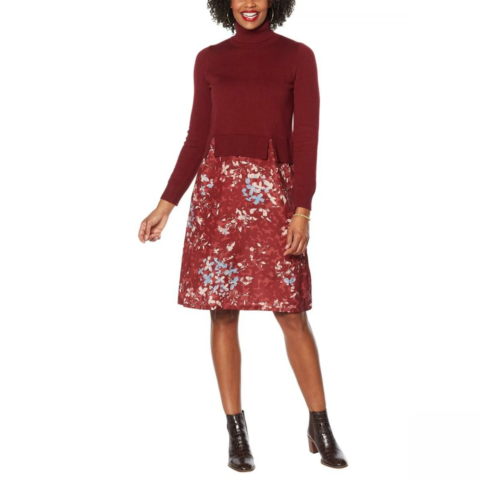 DG2 by Diane Gilman Plus Size Floral Twofer Turtleneck Sweater Dress
