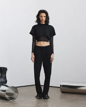 Double Layer Mesh Sleeve Crop Top - Black