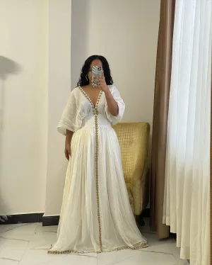 Elegant White Traditional Ethiopian Dress: with Narrow Embroidery Simple Habesha Dress for Heavenly Look Eritrean Clothing