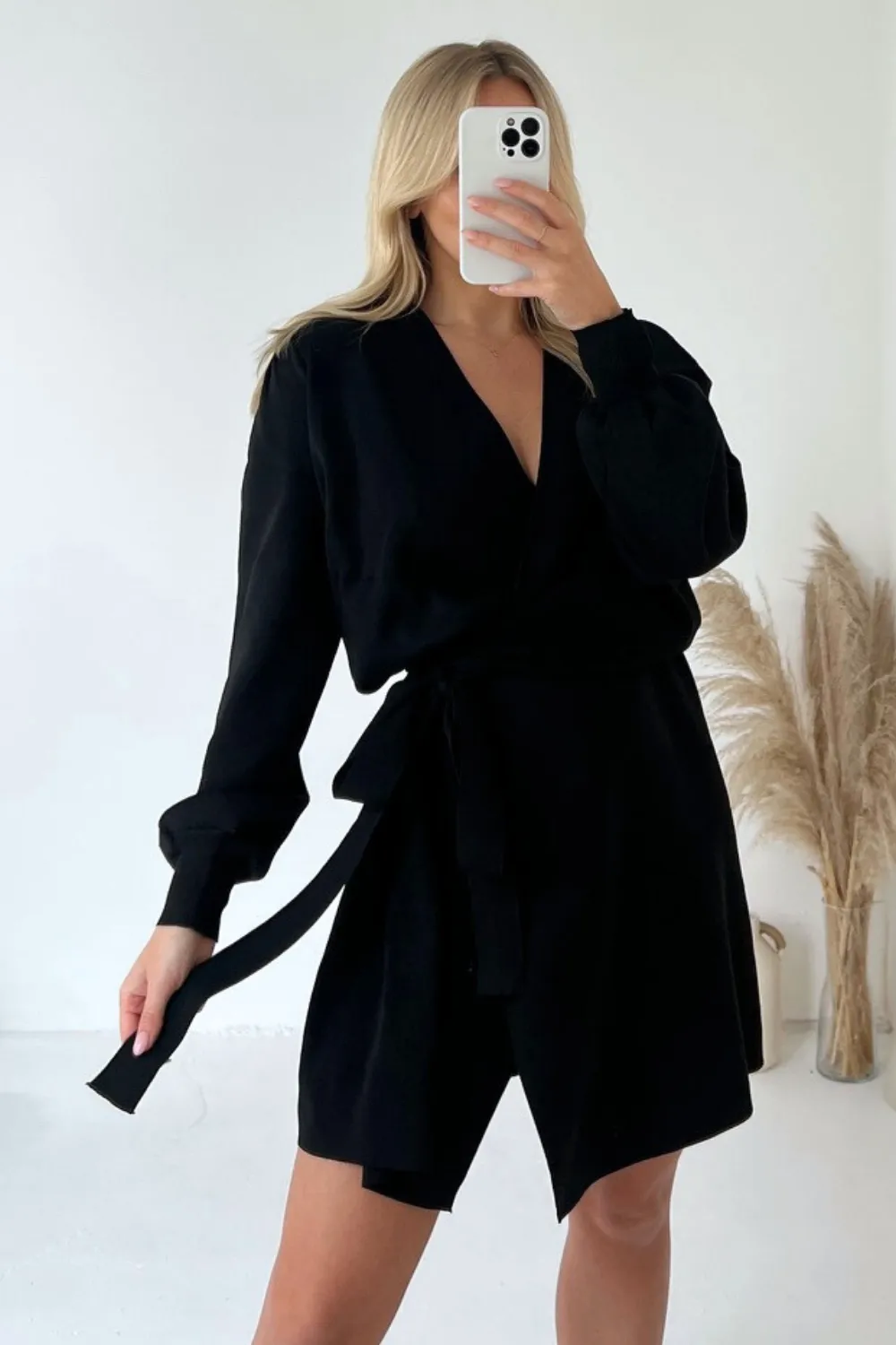 Eva black knitted wrap dress