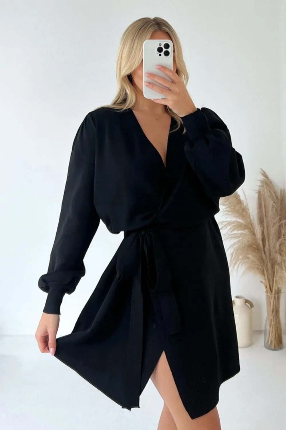 Eva black knitted wrap dress