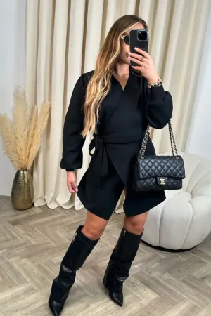 Eva black knitted wrap dress