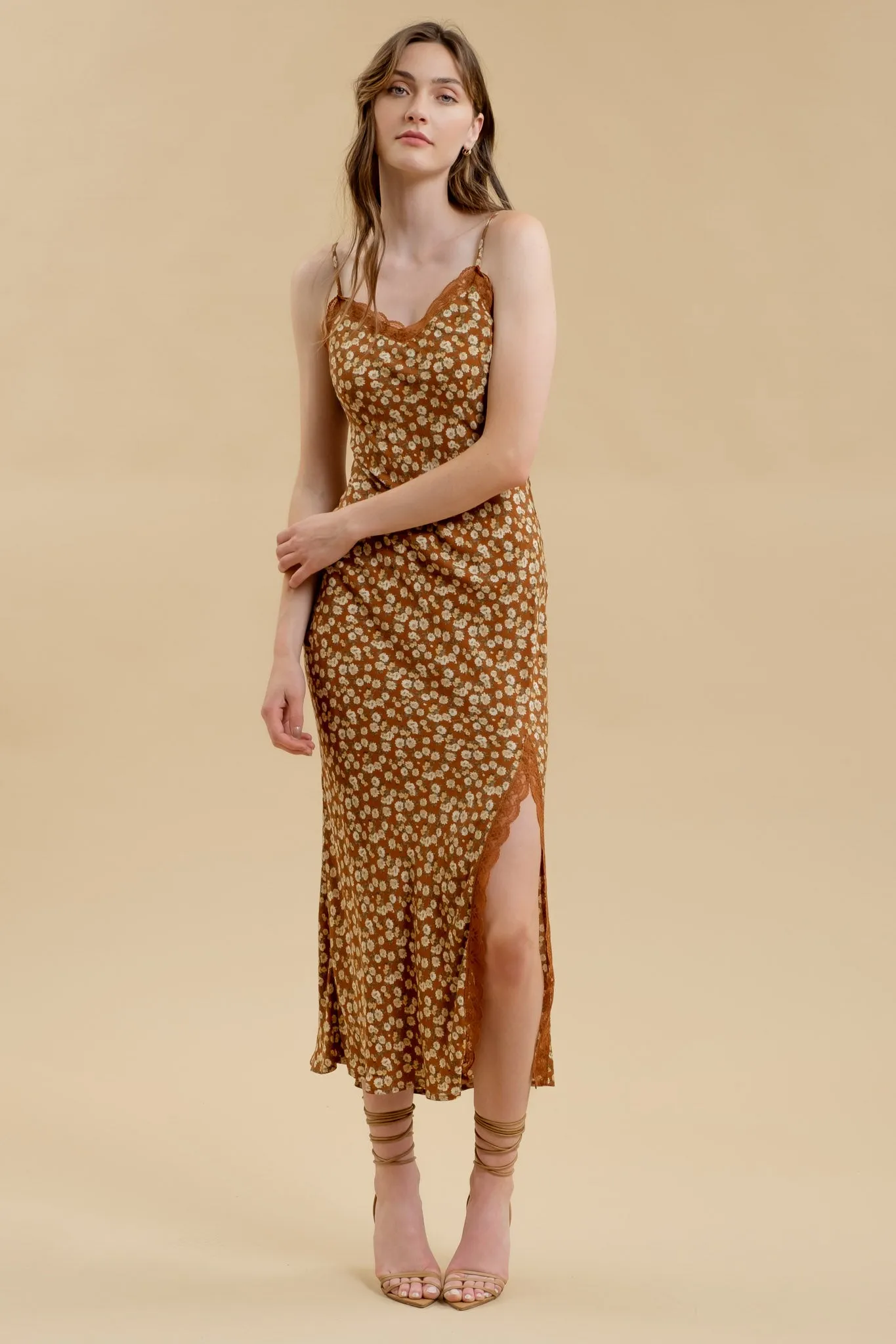 FLORAL LACE TRIM SPLIT THIGH SLIP MAXI DRESS