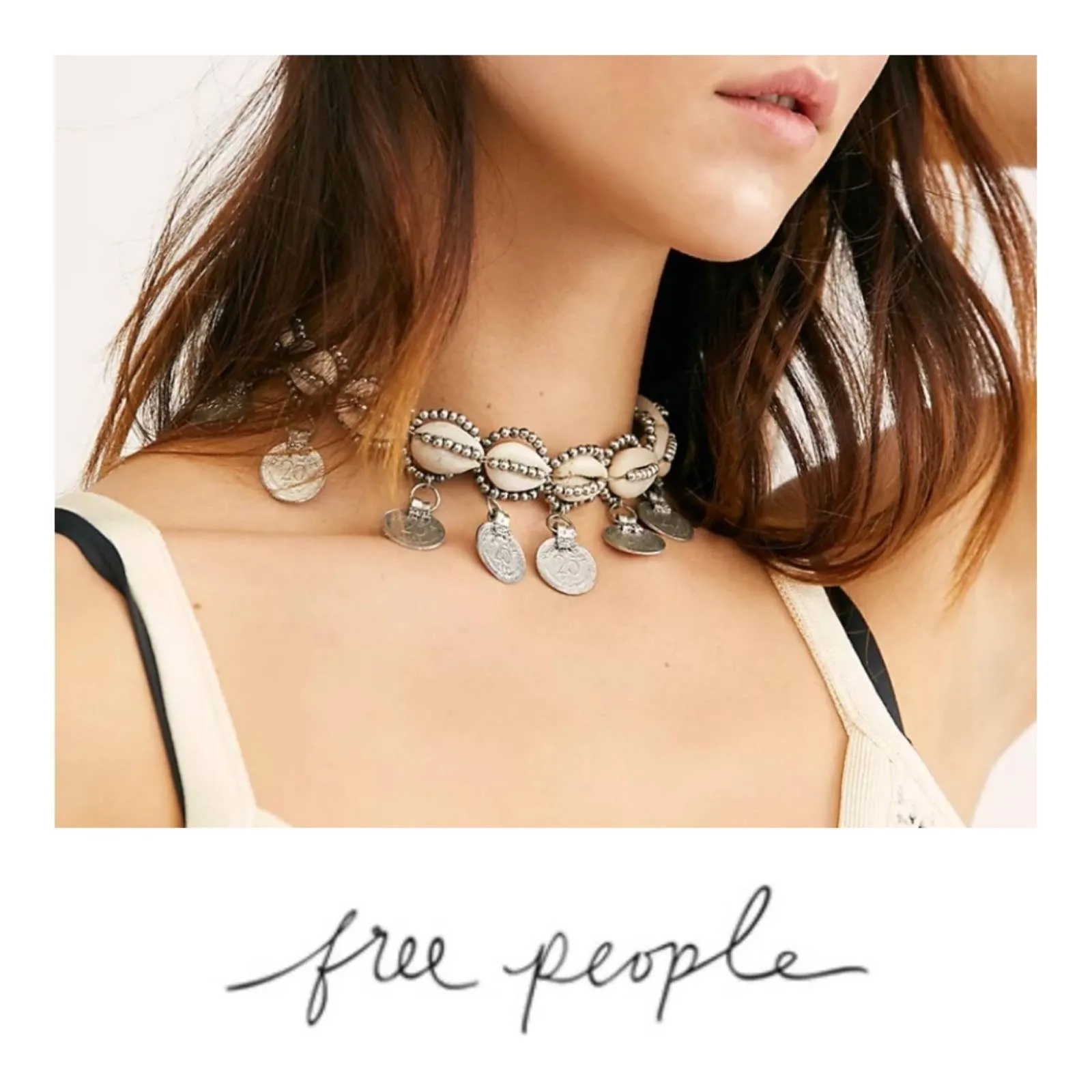 Free People Shell and Coin Dangle Choker Necklace Bohemian New