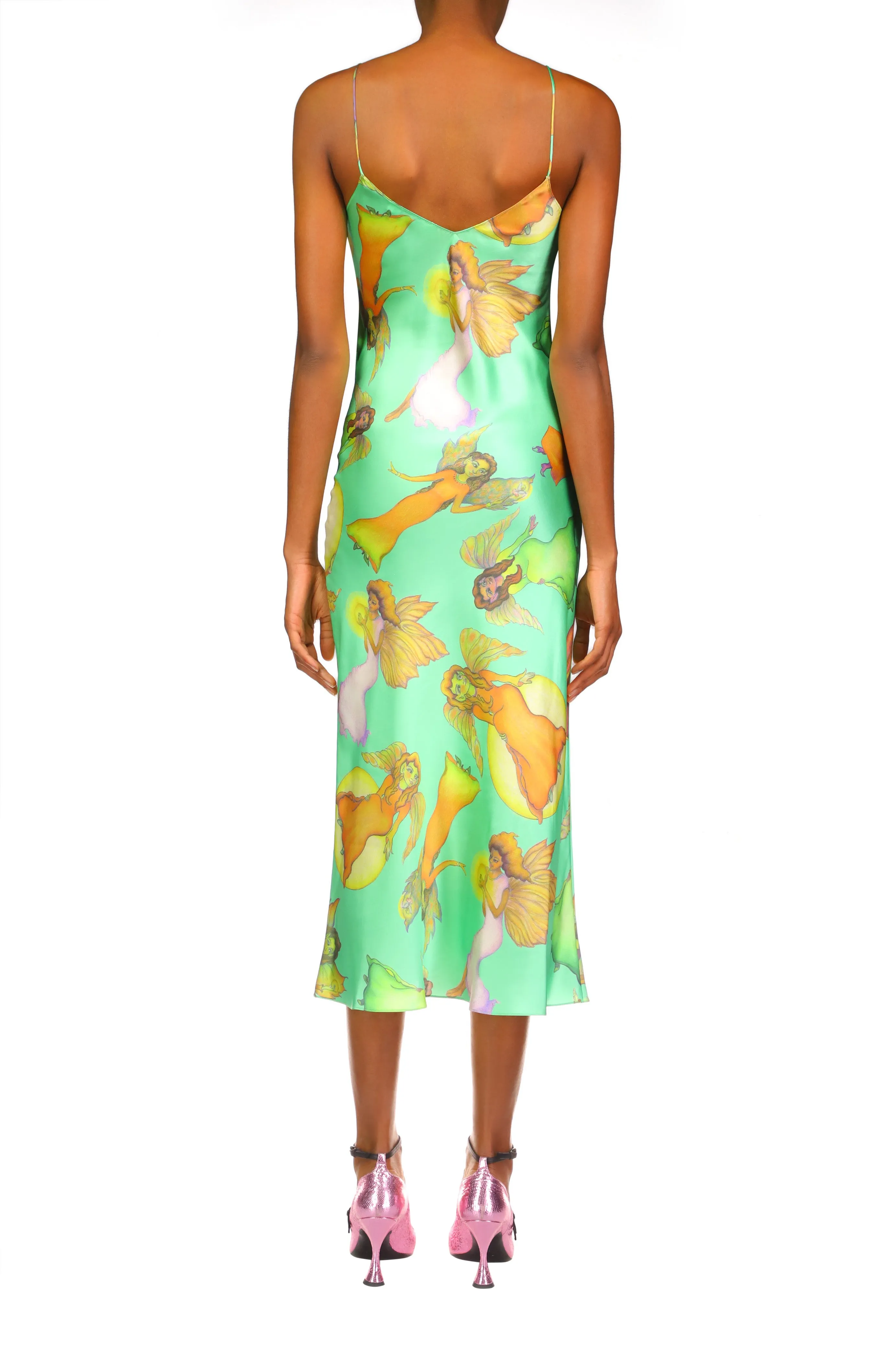 Green Fairy Printed Silk Satin Bias Slip Dress