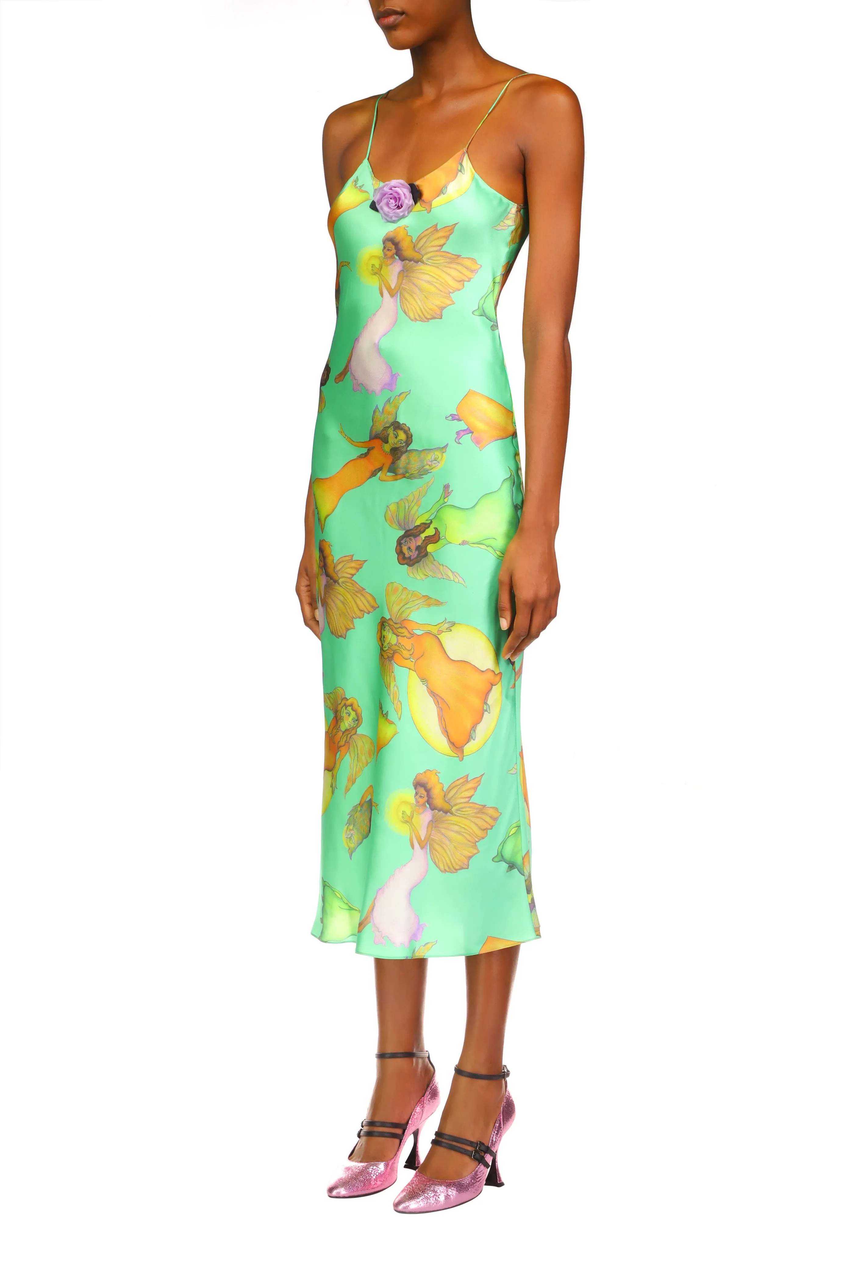 Green Fairy Printed Silk Satin Bias Slip Dress