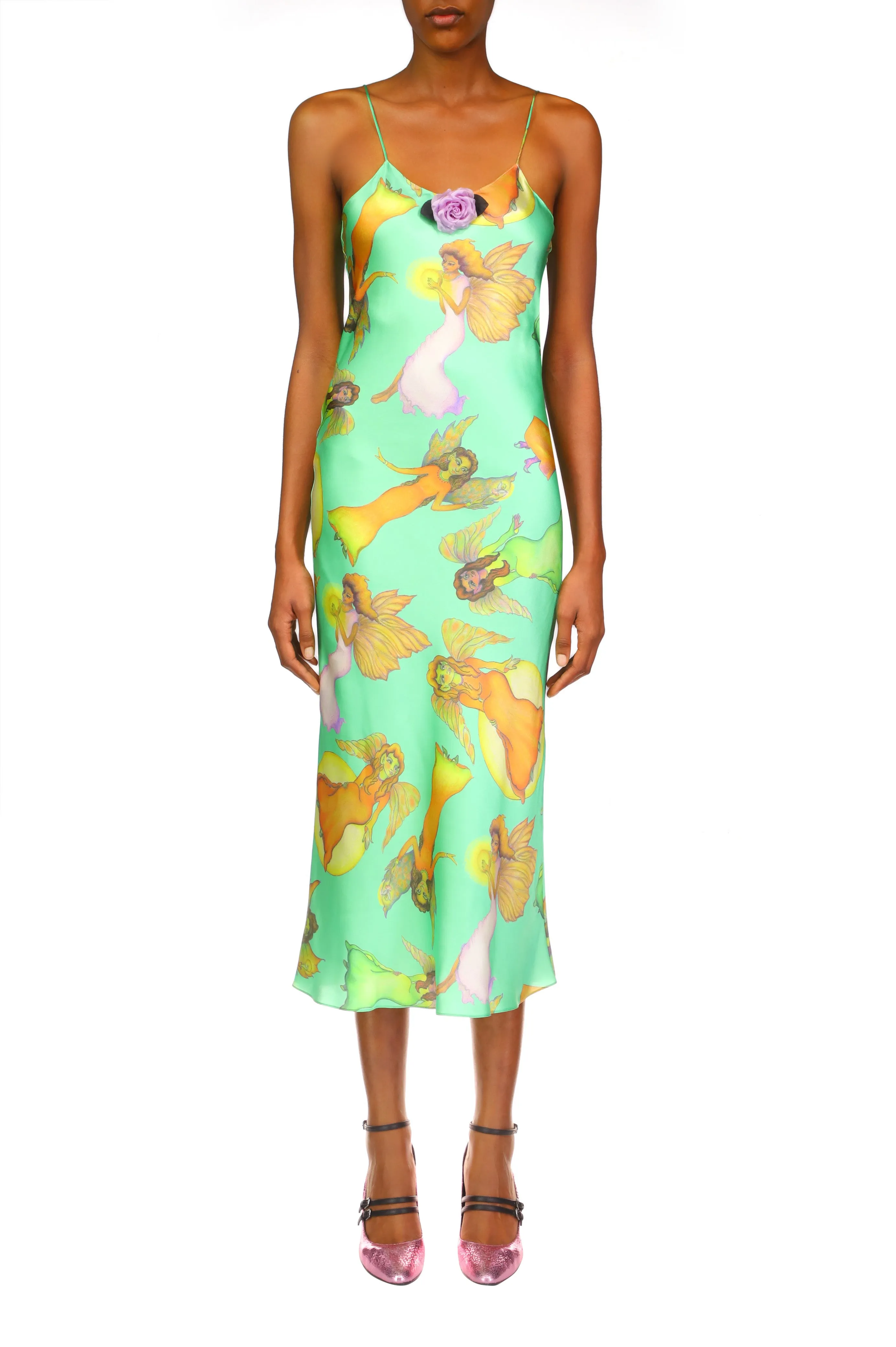 Green Fairy Printed Silk Satin Bias Slip Dress
