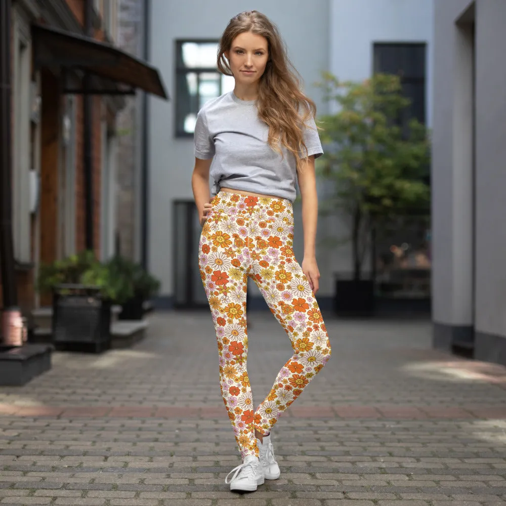 Groovy Flowers Yoga Leggings Women, 70s Retro Floral High Waisted Pants Cute Printed Workout Gym Designer Tights