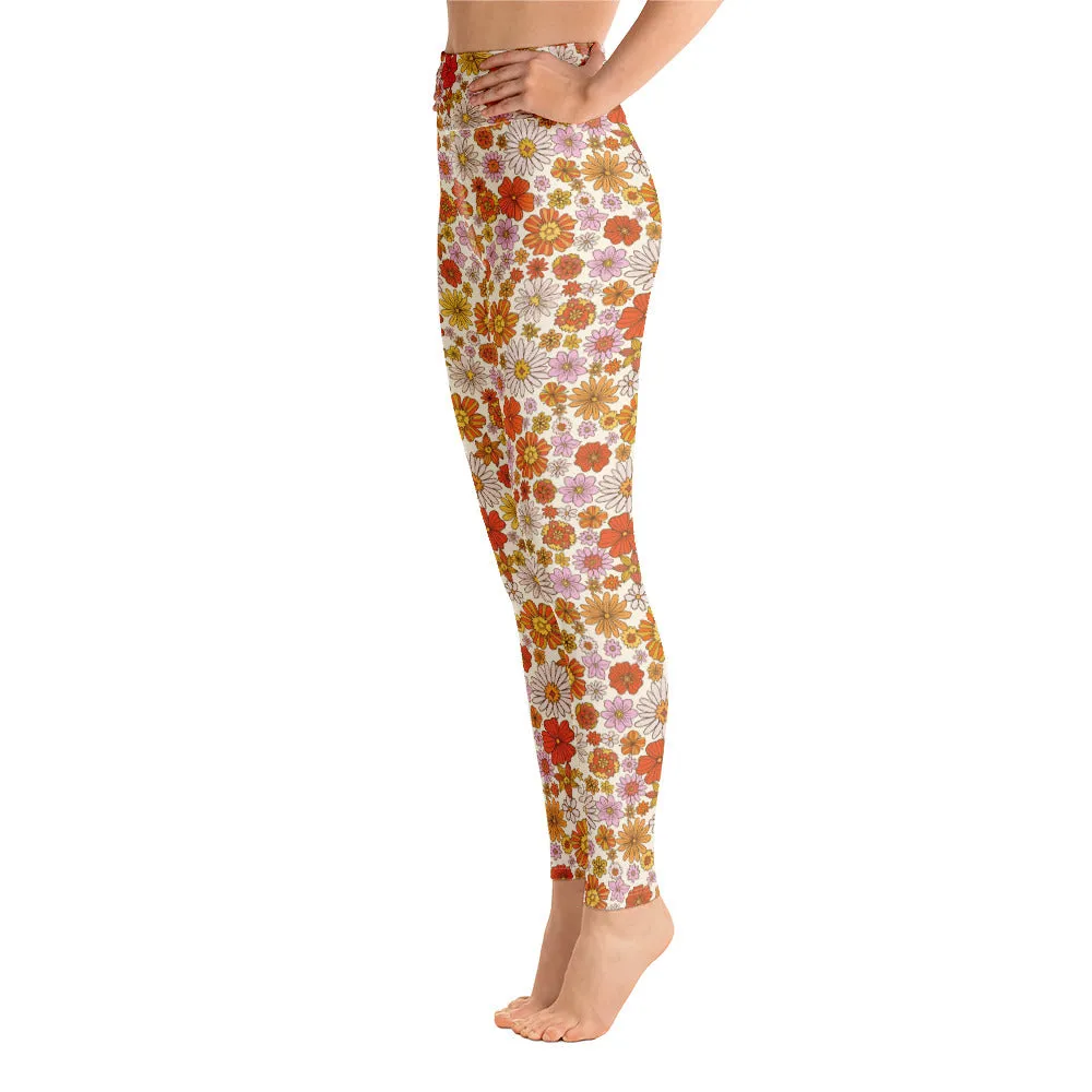 Groovy Flowers Yoga Leggings Women, 70s Retro Floral High Waisted Pants Cute Printed Workout Gym Designer Tights