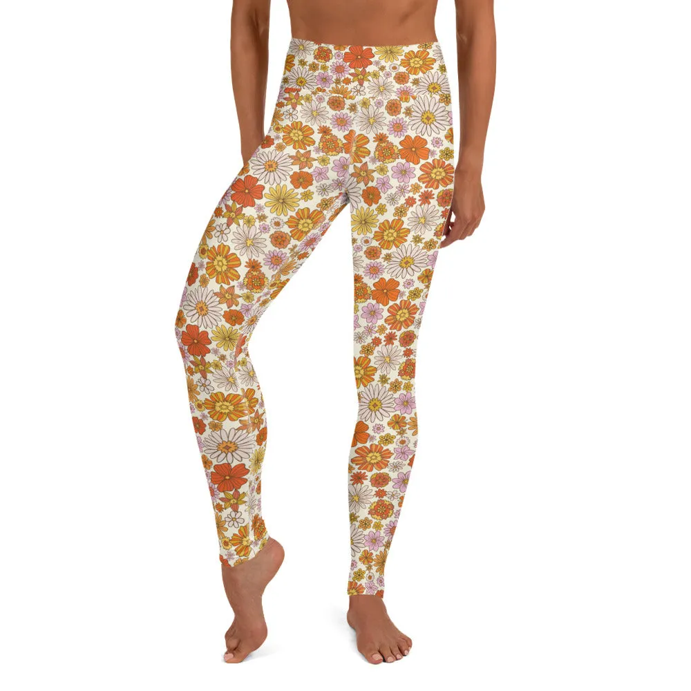 Groovy Flowers Yoga Leggings Women, 70s Retro Floral High Waisted Pants Cute Printed Workout Gym Designer Tights