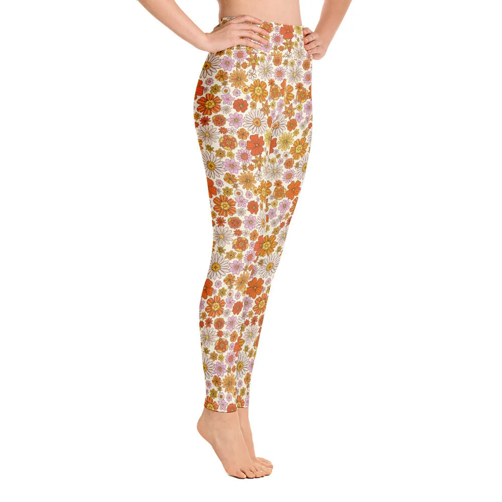 Groovy Flowers Yoga Leggings Women, 70s Retro Floral High Waisted Pants Cute Printed Workout Gym Designer Tights