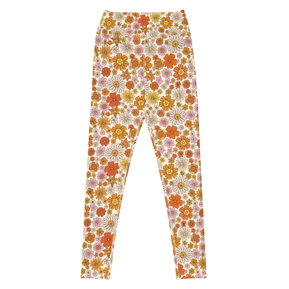 Groovy Flowers Yoga Leggings Women, 70s Retro Floral High Waisted Pants Cute Printed Workout Gym Designer Tights