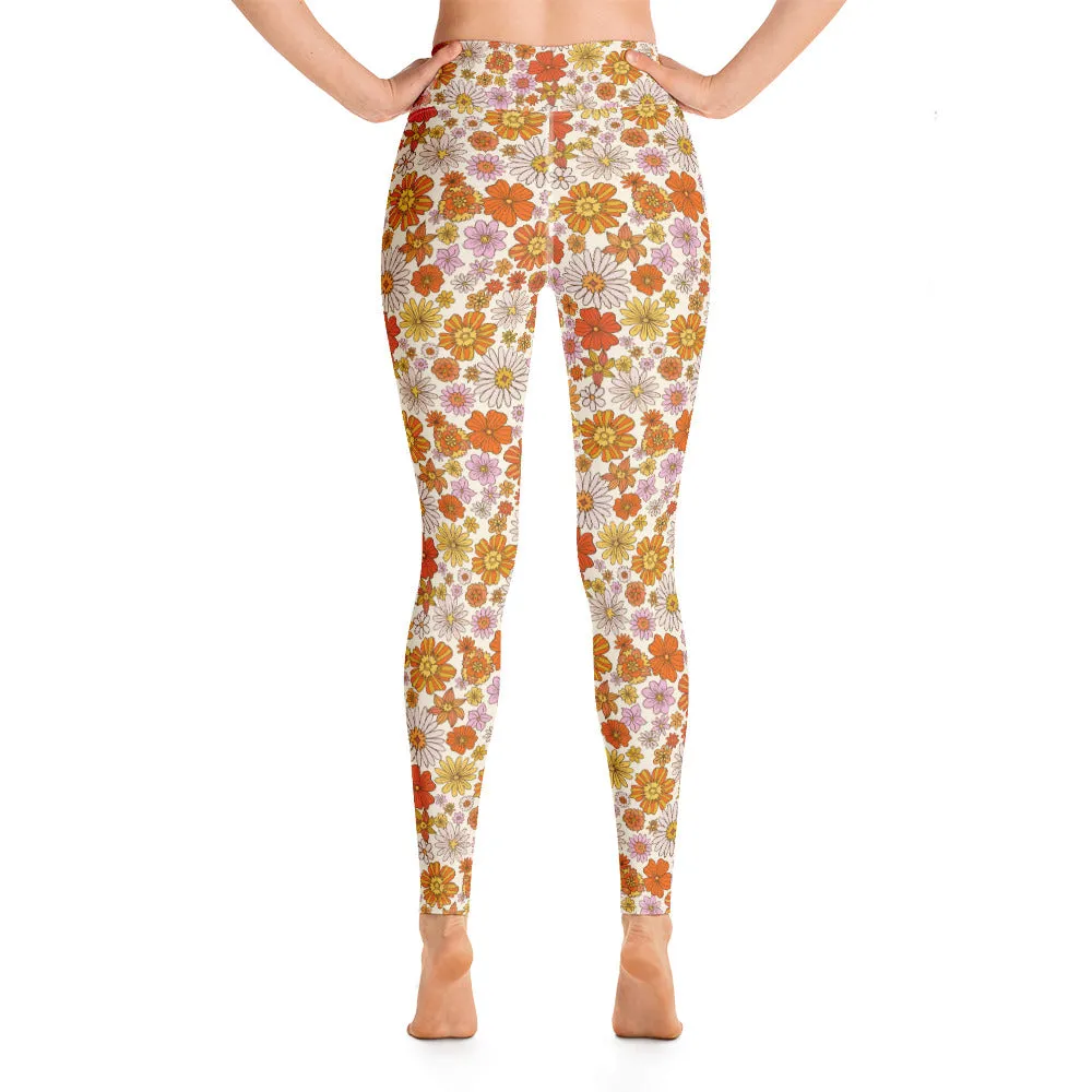 Groovy Flowers Yoga Leggings Women, 70s Retro Floral High Waisted Pants Cute Printed Workout Gym Designer Tights