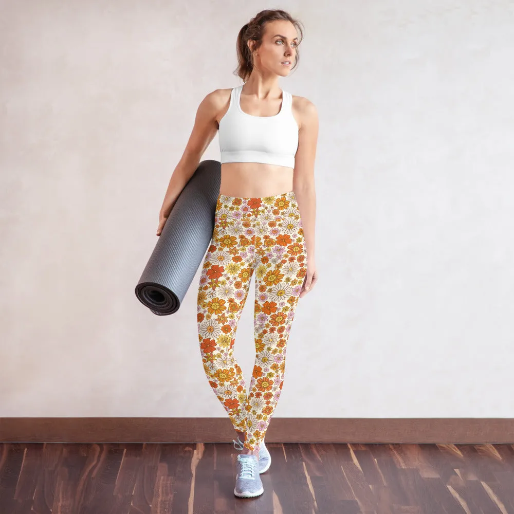 Groovy Flowers Yoga Leggings Women, 70s Retro Floral High Waisted Pants Cute Printed Workout Gym Designer Tights