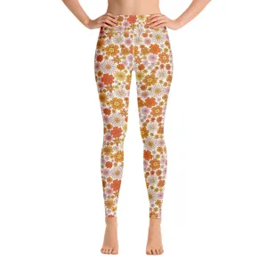 Groovy Flowers Yoga Leggings Women, 70s Retro Floral High Waisted Pants Cute Printed Workout Gym Designer Tights