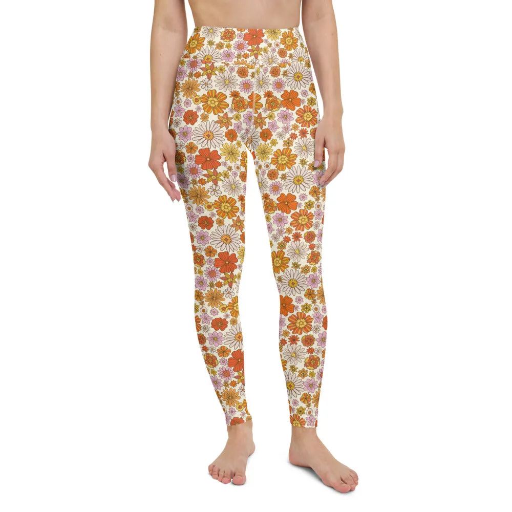 Groovy Flowers Yoga Leggings Women, 70s Retro Floral High Waisted Pants Cute Printed Workout Gym Designer Tights