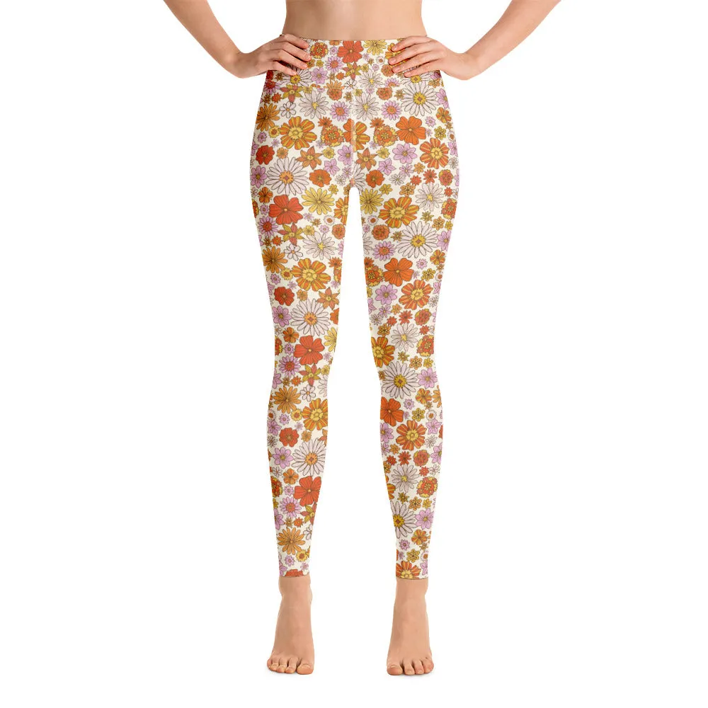 Groovy Flowers Yoga Leggings Women, 70s Retro Floral High Waisted Pants Cute Printed Workout Gym Designer Tights