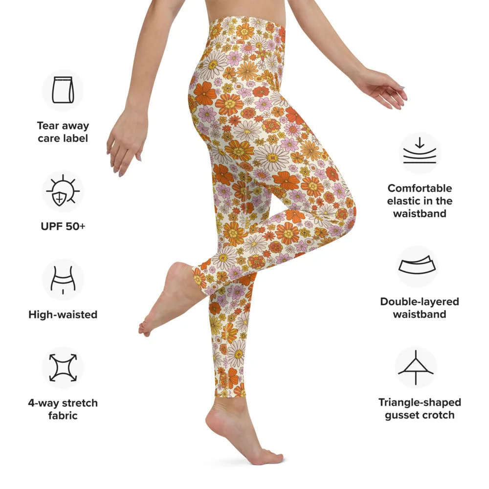 Groovy Flowers Yoga Leggings Women, 70s Retro Floral High Waisted Pants Cute Printed Workout Gym Designer Tights