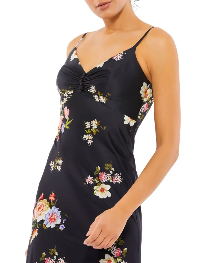 Ieena Mac Duggal Floral Satin Midi Slip Dress in Black Multi