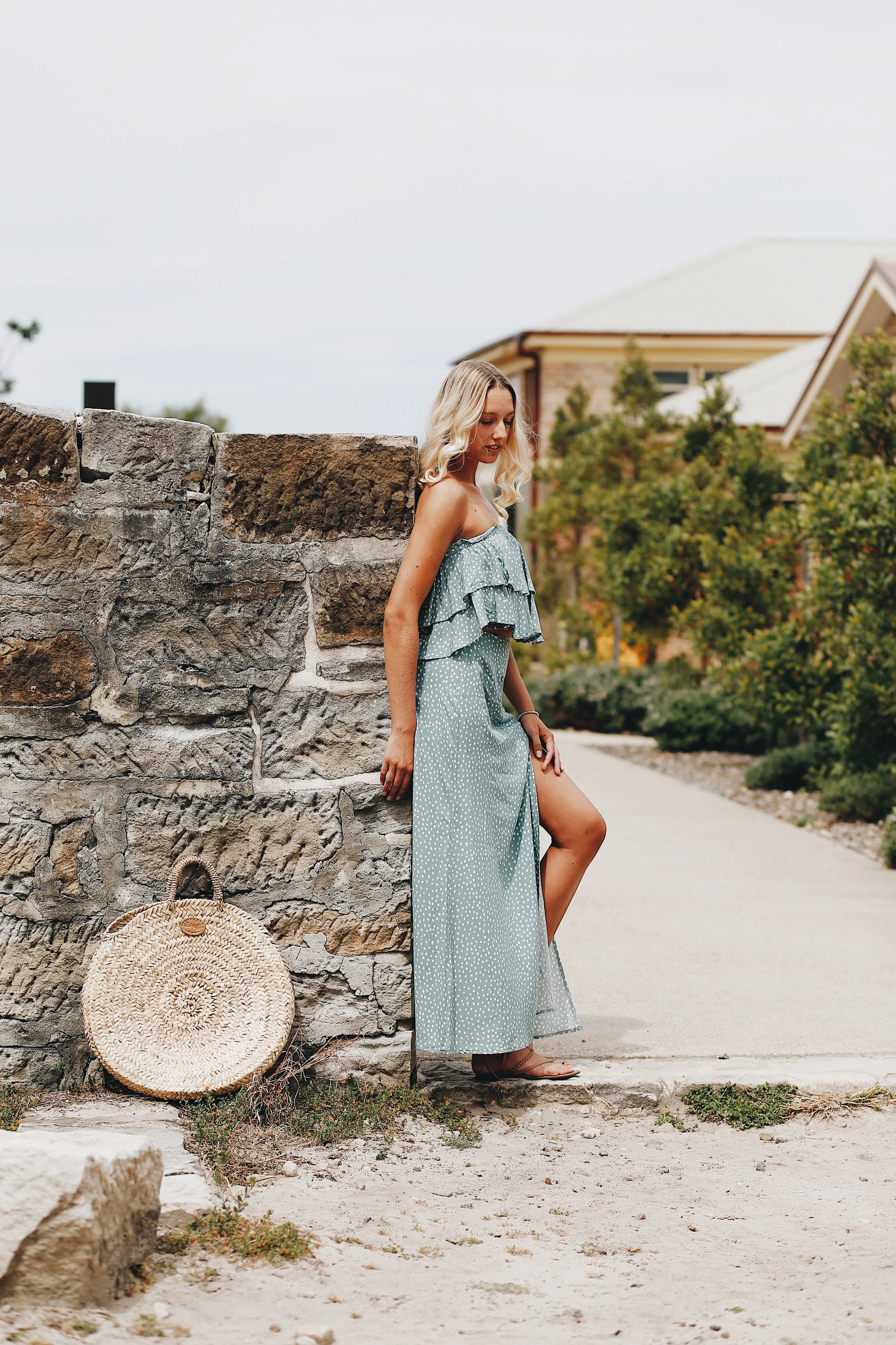 Jade Polkadot Ruffle Strapless Top