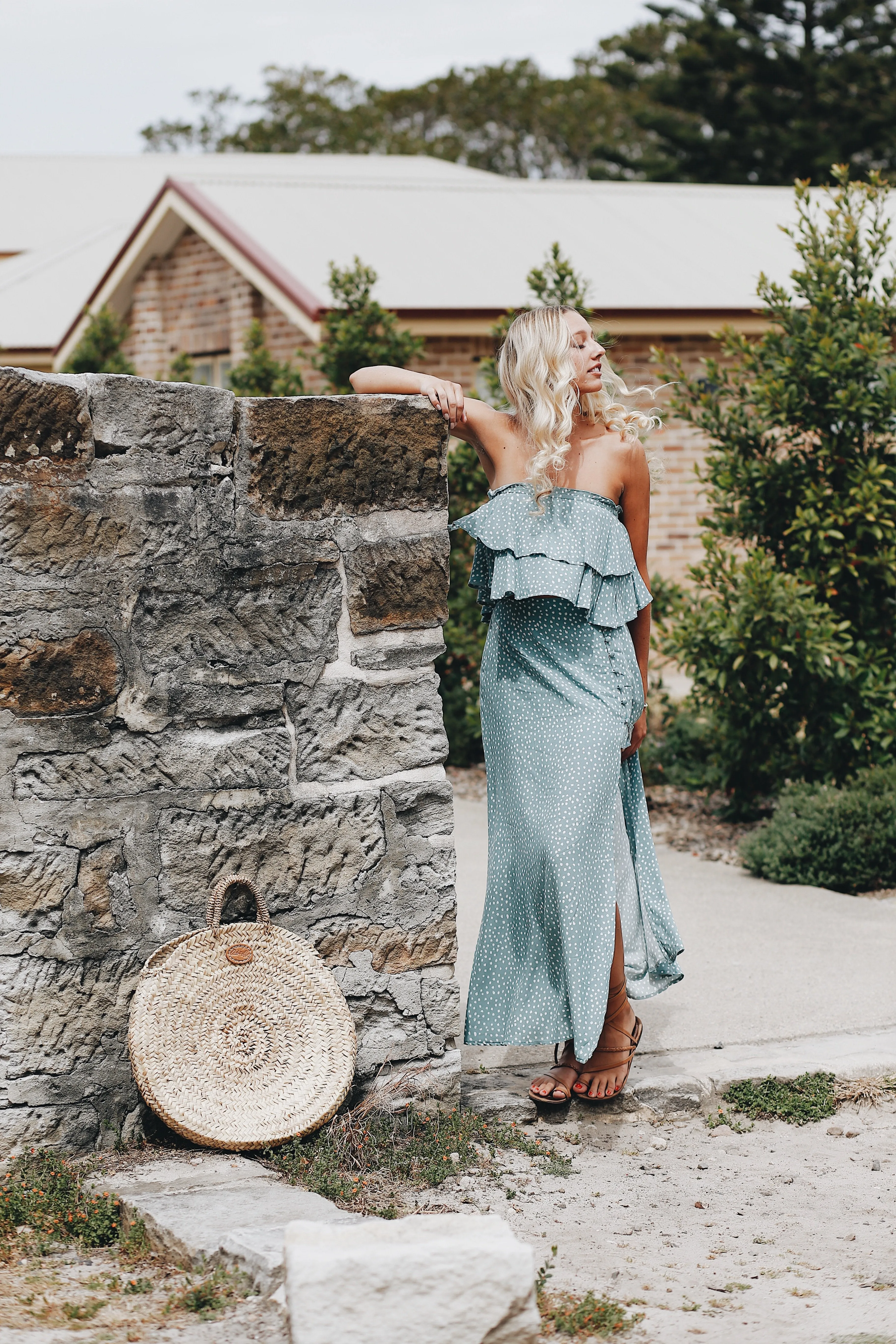 Jade Polkadot Ruffle Strapless Top