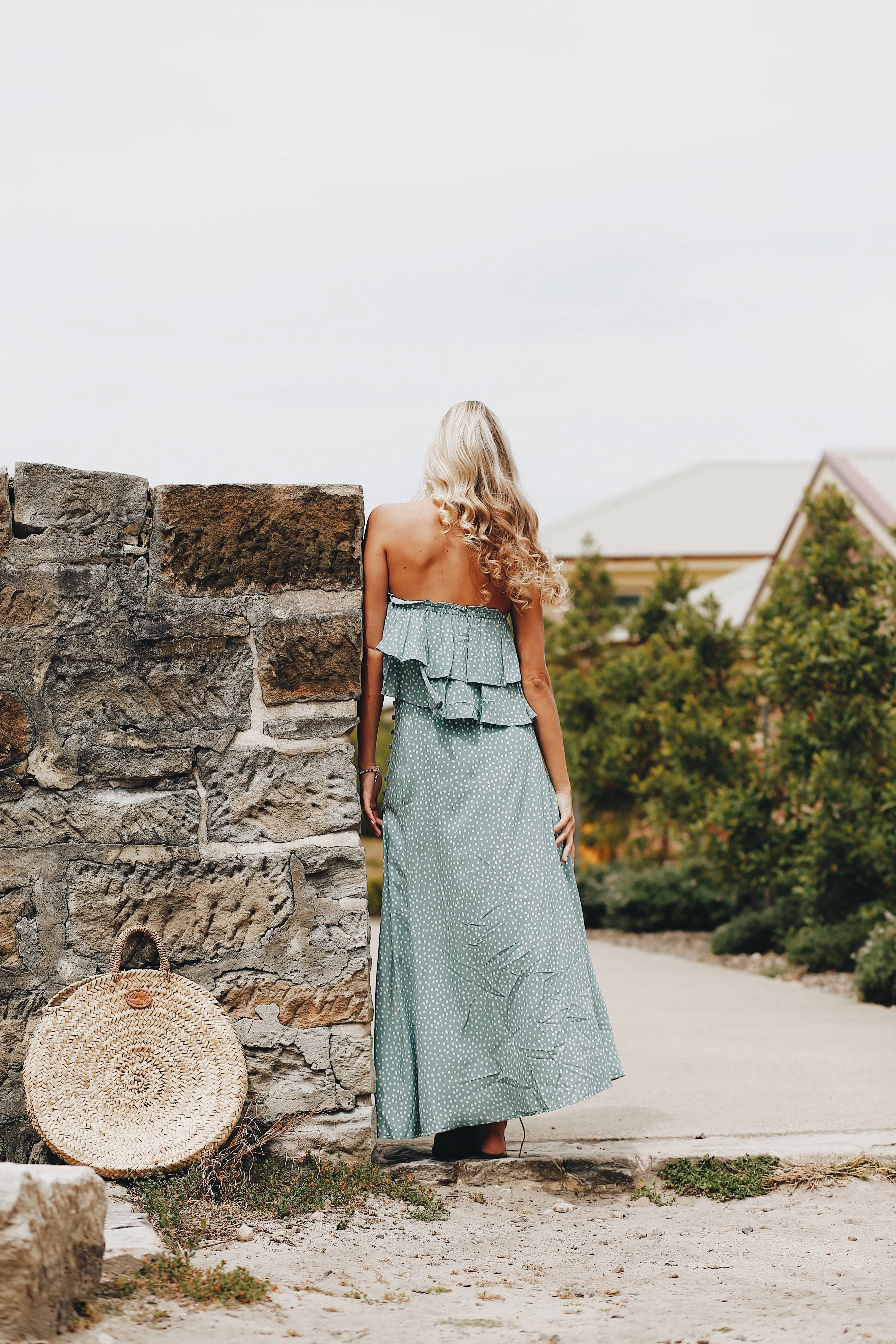 Jade Polkadot Ruffle Strapless Top
