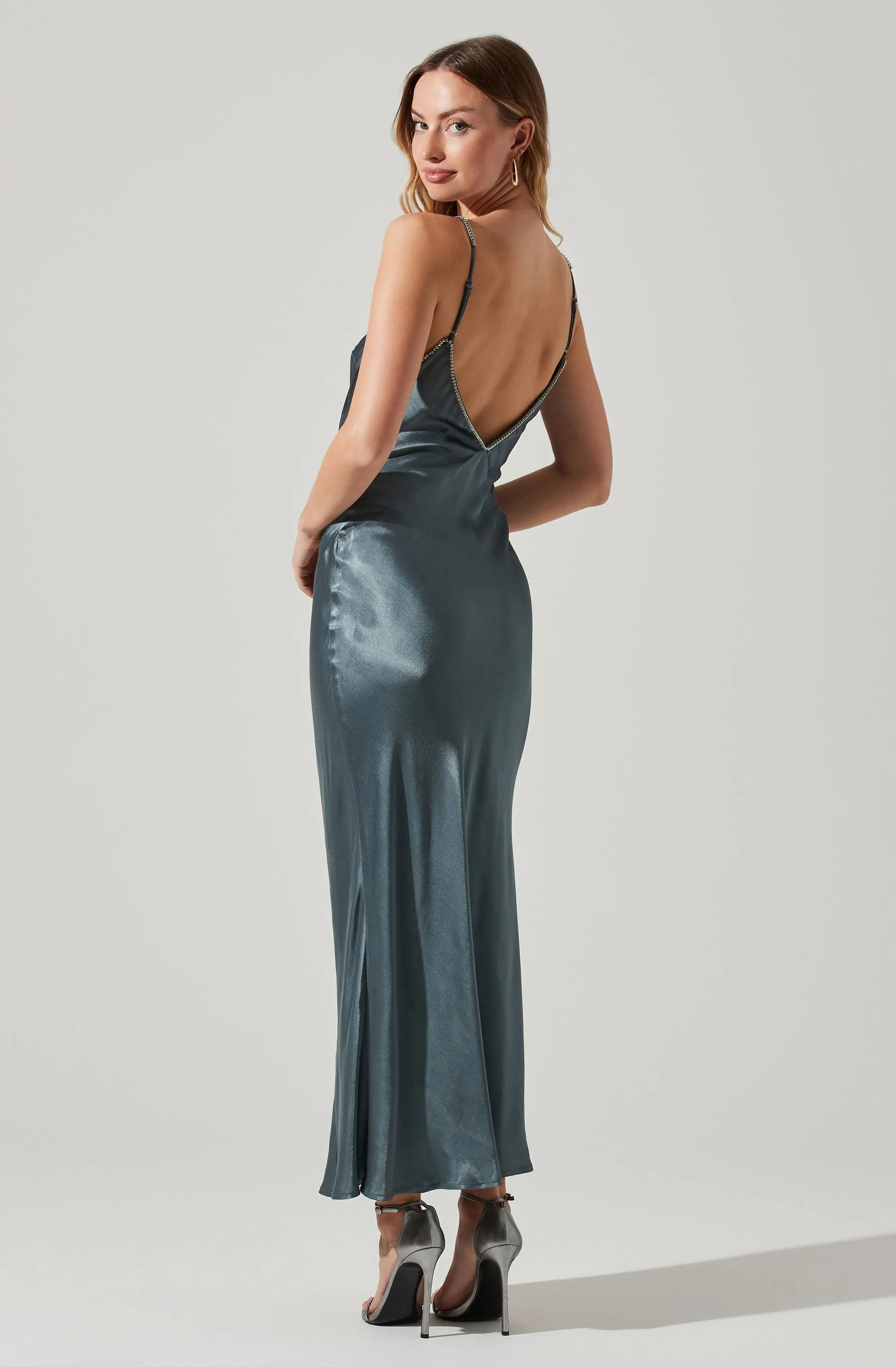 Kathleen Rhinestone Trim Satin Midi Dress