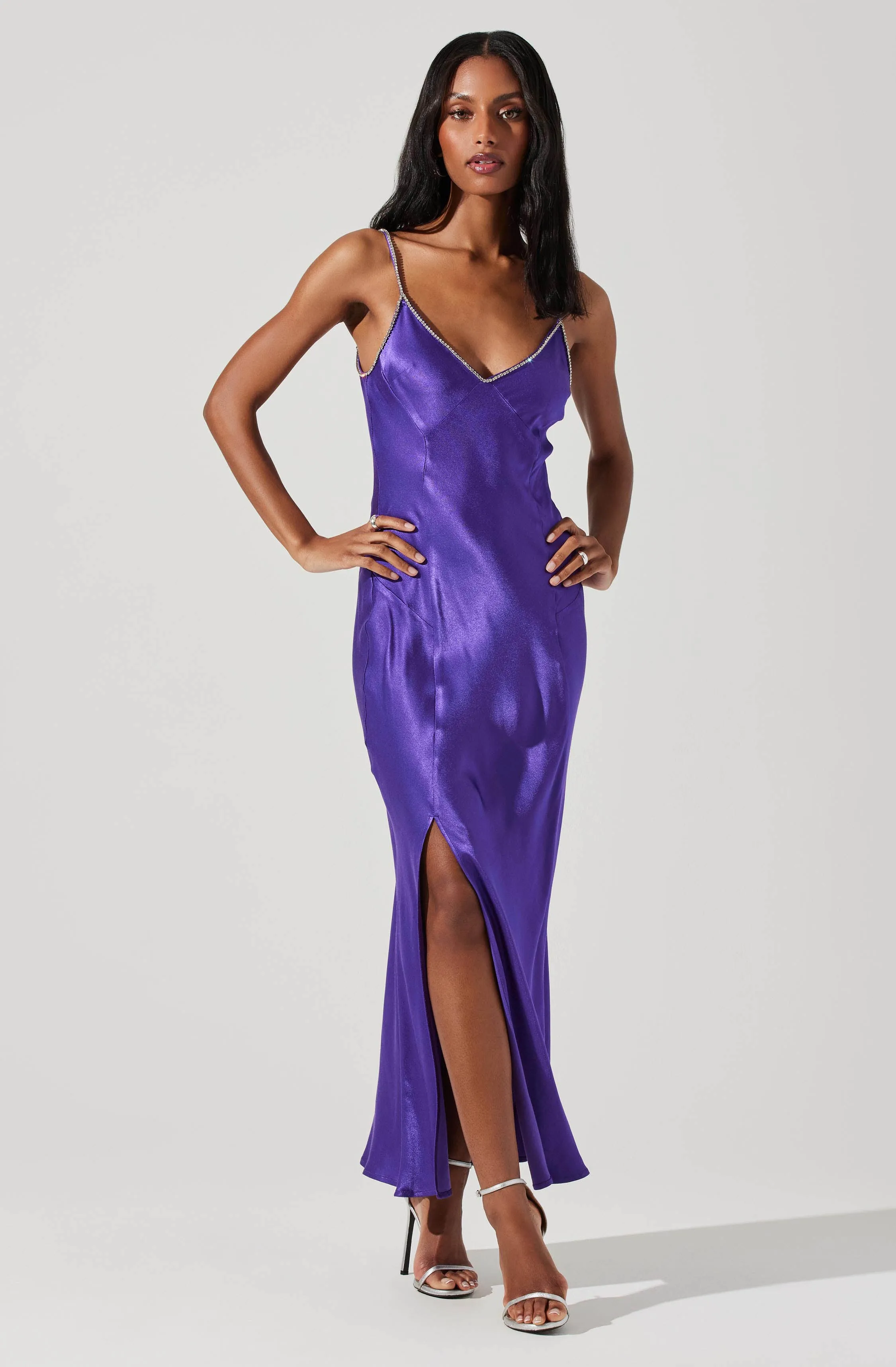 Kathleen Rhinestone Trim Satin Midi Dress