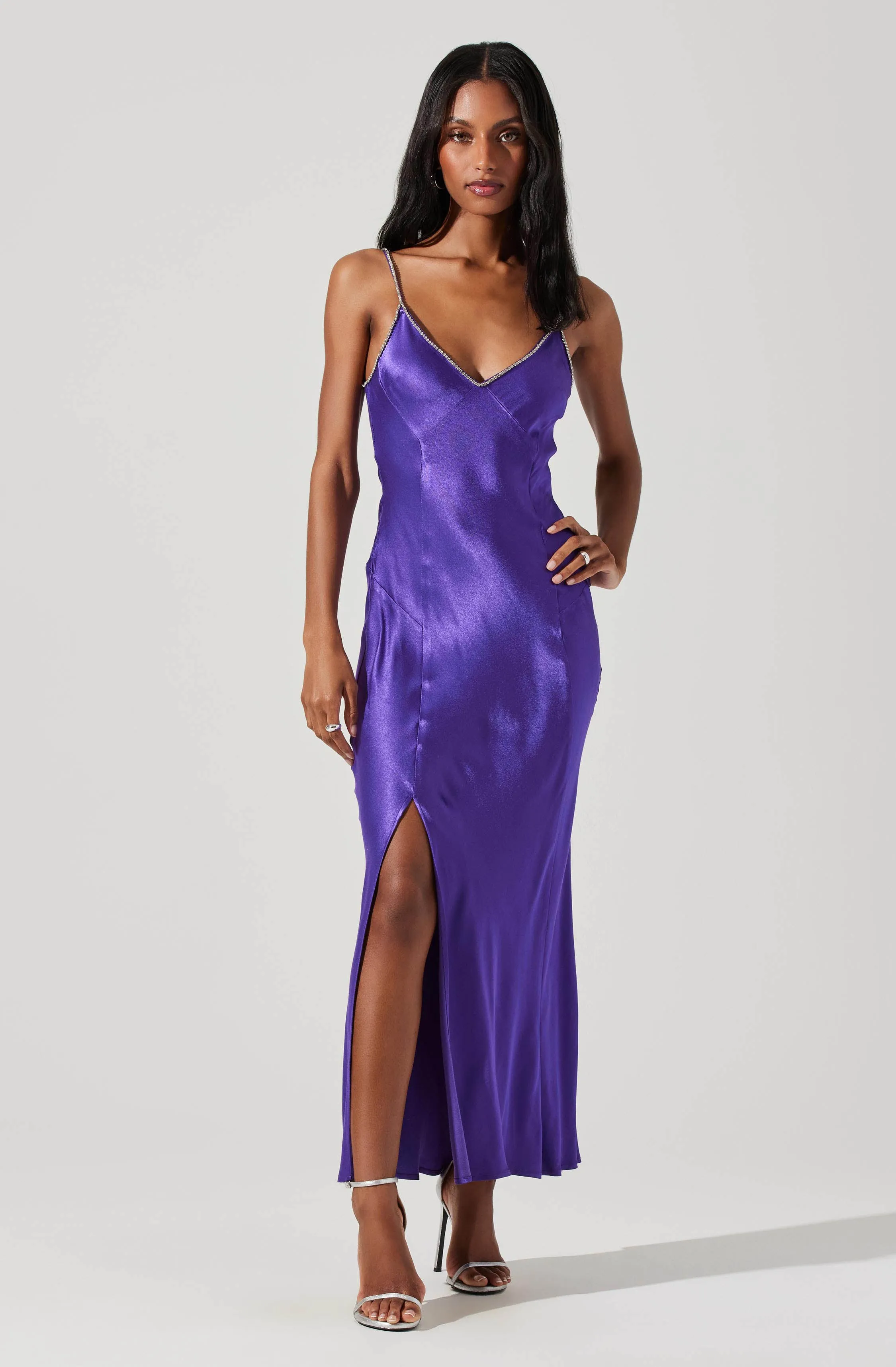 Kathleen Rhinestone Trim Satin Midi Dress