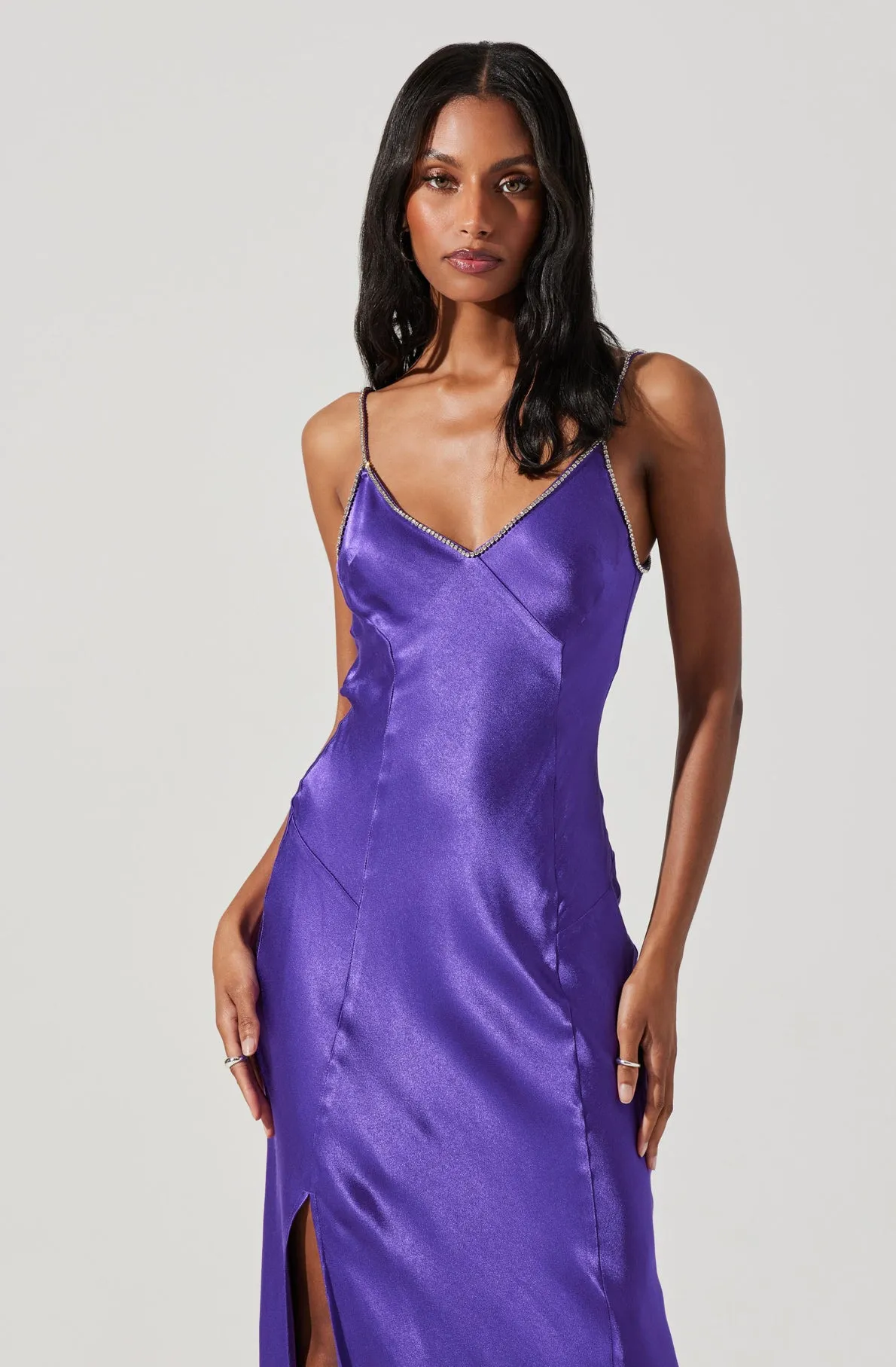 Kathleen Rhinestone Trim Satin Midi Dress