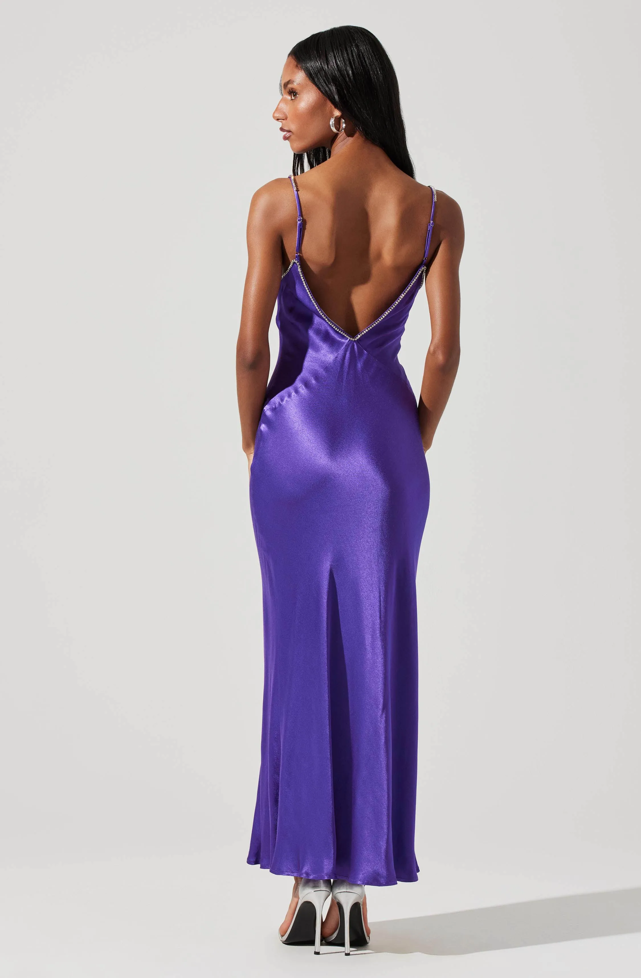 Kathleen Rhinestone Trim Satin Midi Dress
