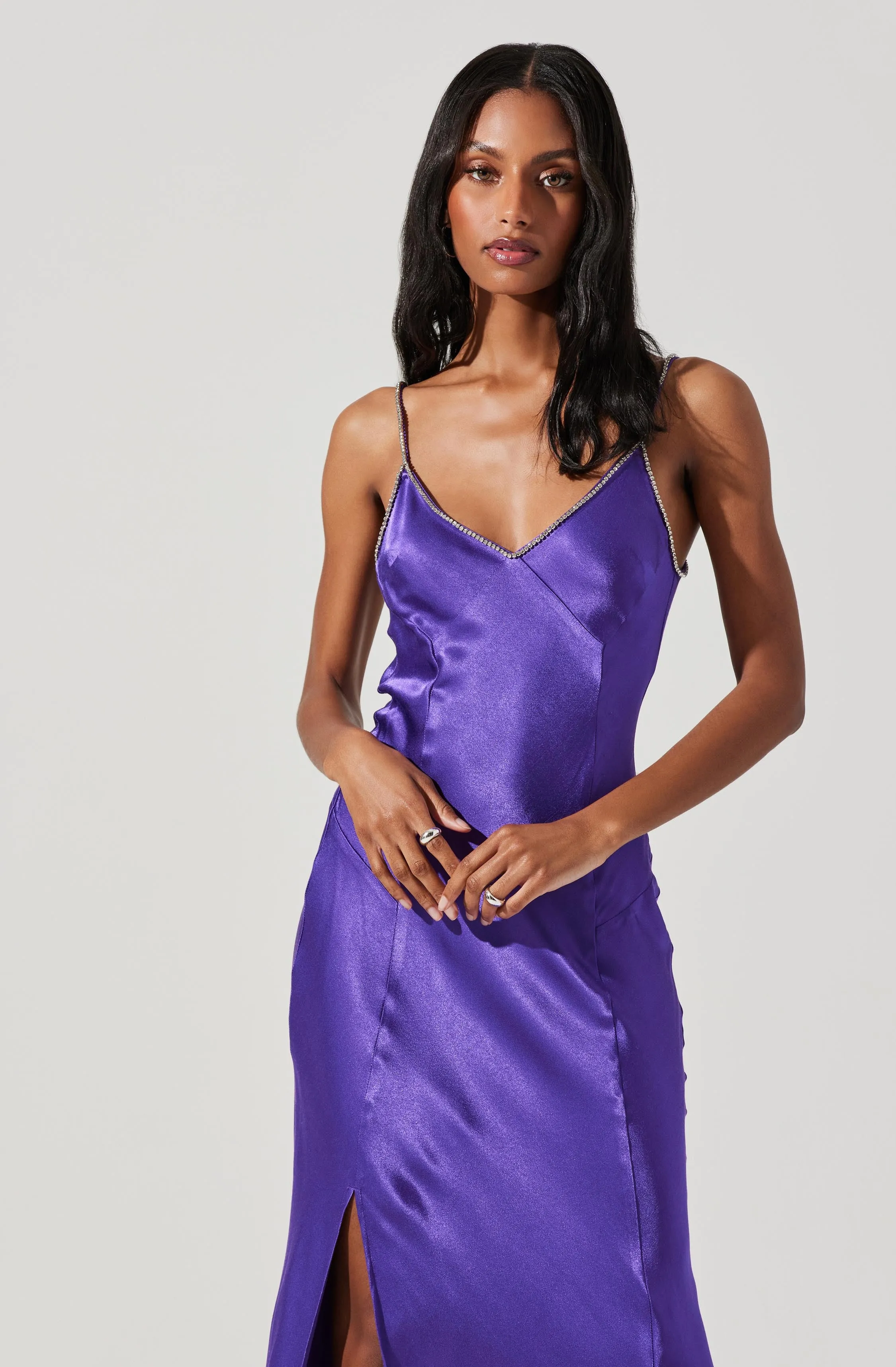 Kathleen Rhinestone Trim Satin Midi Dress