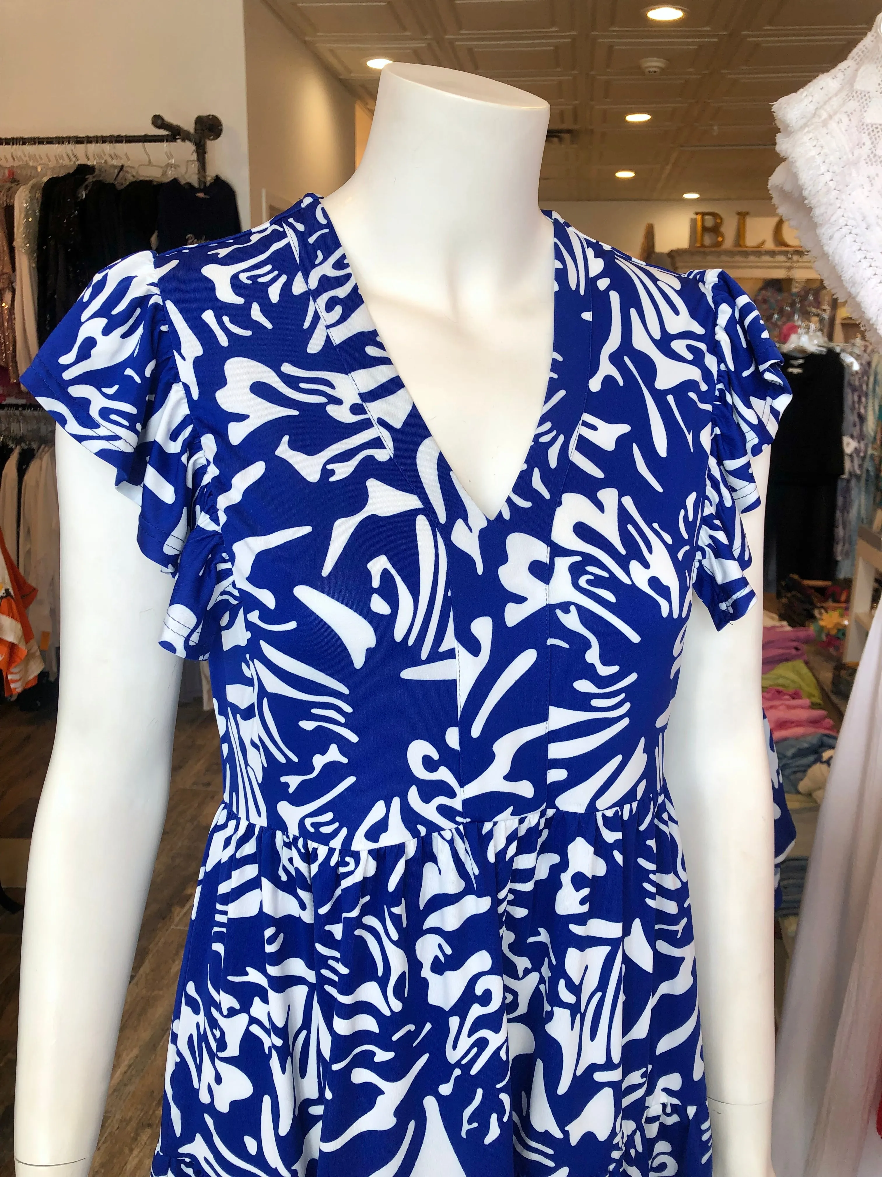 Knit Short Sleeve Dress - Royal/White