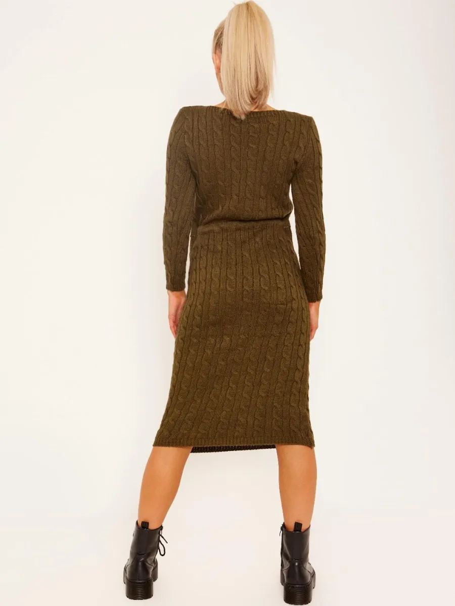 Leora Cable Knit Drawstring Waist Dress In Khaki