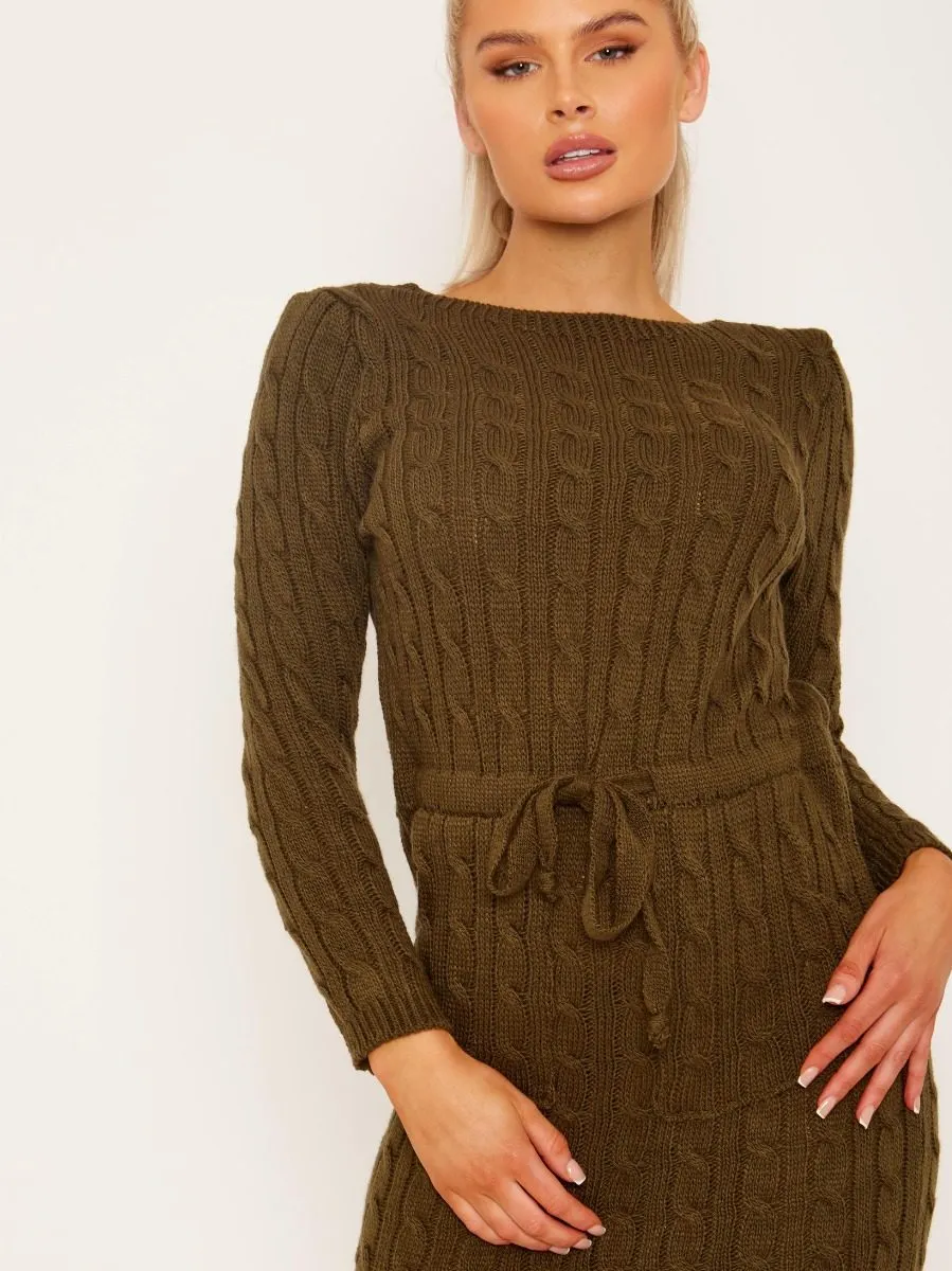 Leora Cable Knit Drawstring Waist Dress In Khaki