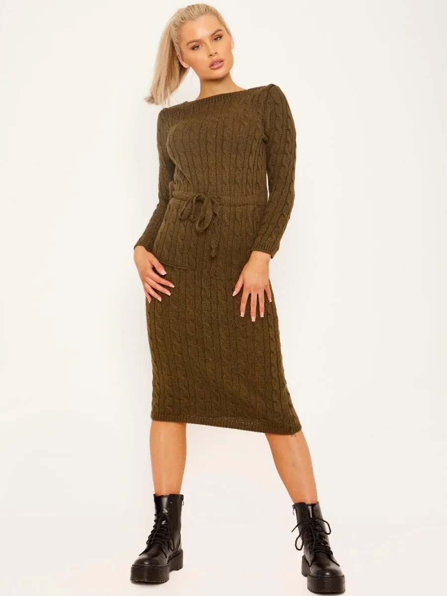 Leora Cable Knit Drawstring Waist Dress In Khaki
