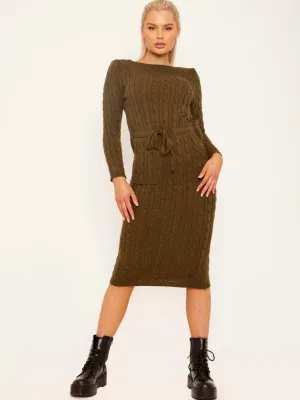 Leora Cable Knit Drawstring Waist Dress In Khaki