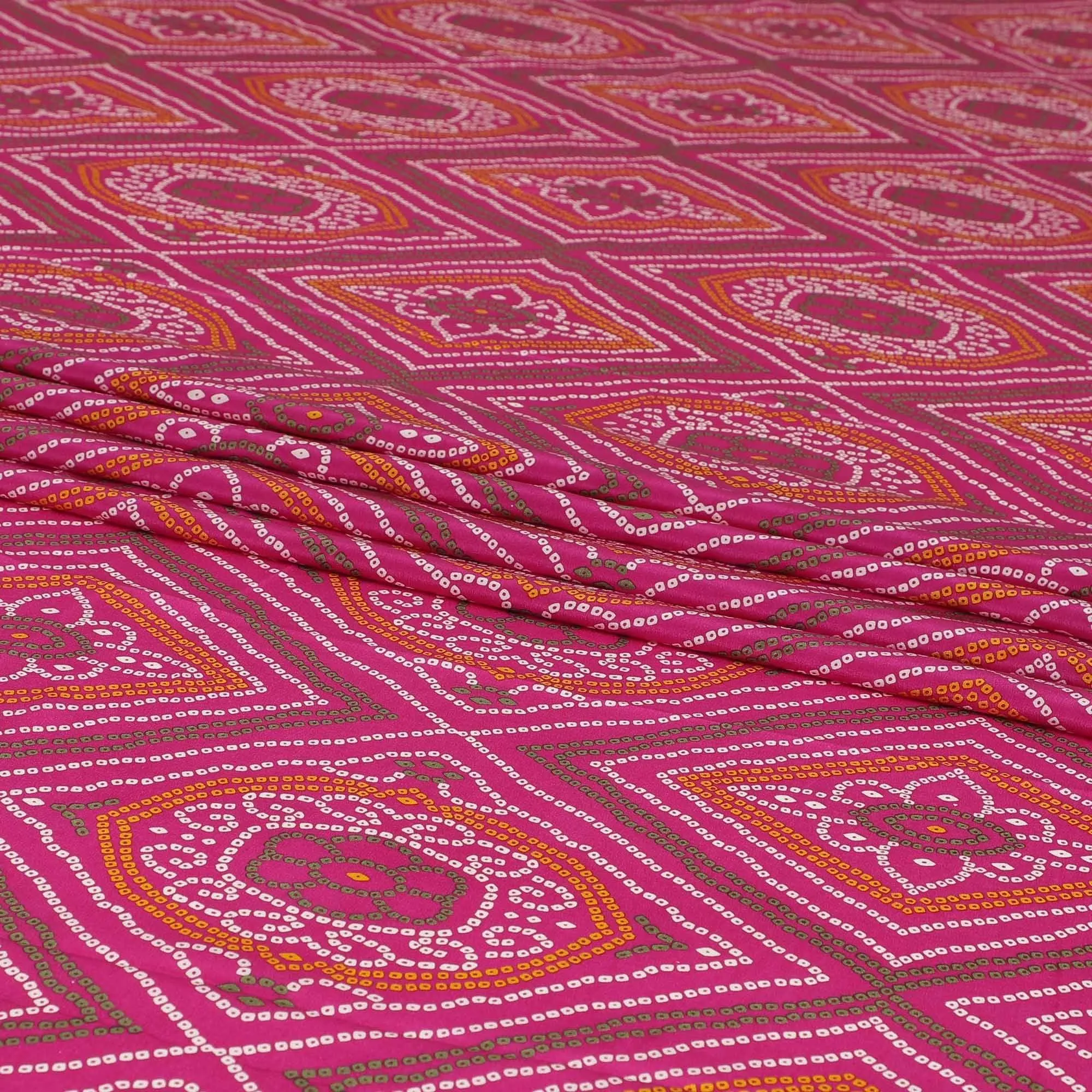 Magenta pink silk crepe fabric with olive green, white and mustard print in abstract design-D6427